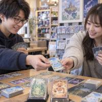 トレーディングカードを交換する若者のイメージ